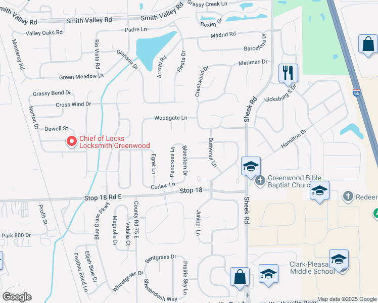 map of restaurants, bars, coffee shops, grocery stores, and more near 1413 Bluestem Drive in Greenwood