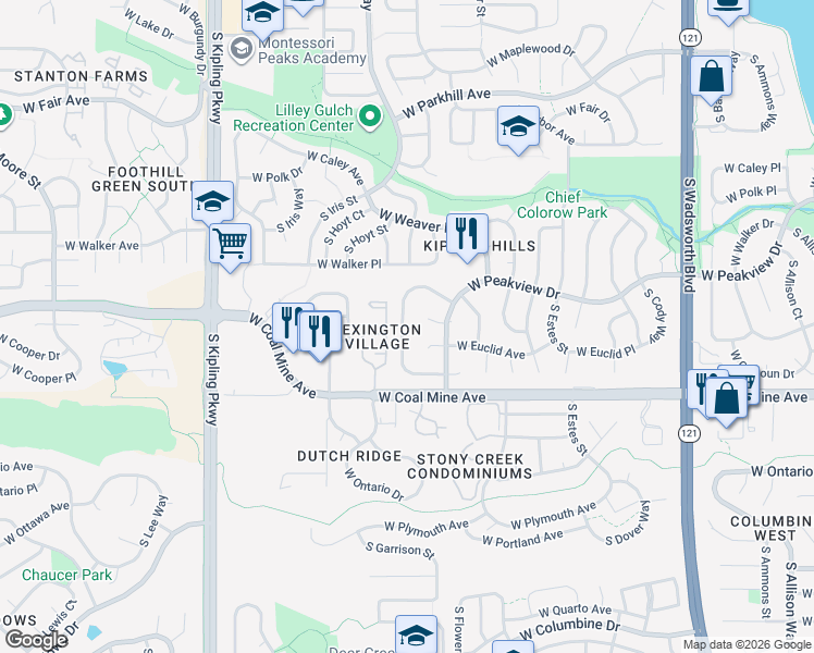 map of restaurants, bars, coffee shops, grocery stores, and more near 6578 South Garland Way in Littleton
