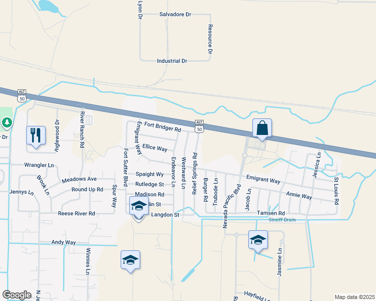 map of restaurants, bars, coffee shops, grocery stores, and more near 163 Westward Lane in Fernley