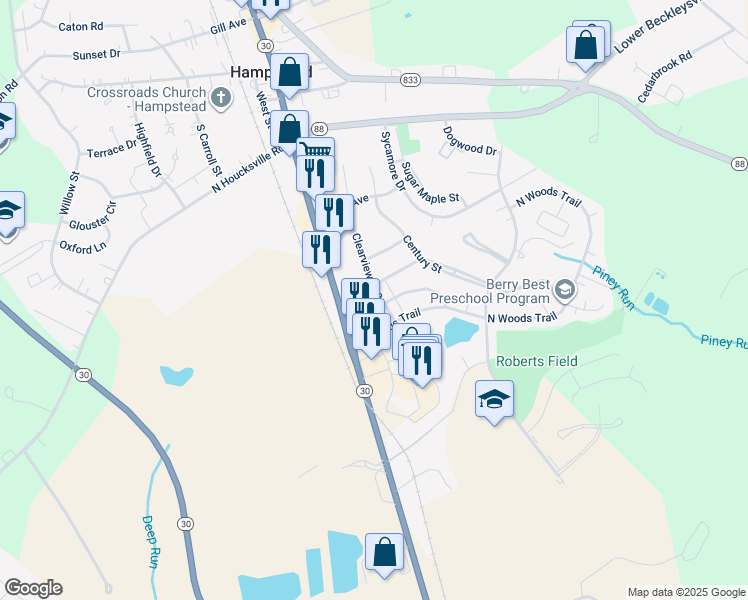 map of restaurants, bars, coffee shops, grocery stores, and more near 4220 Crystal Court in Hampstead