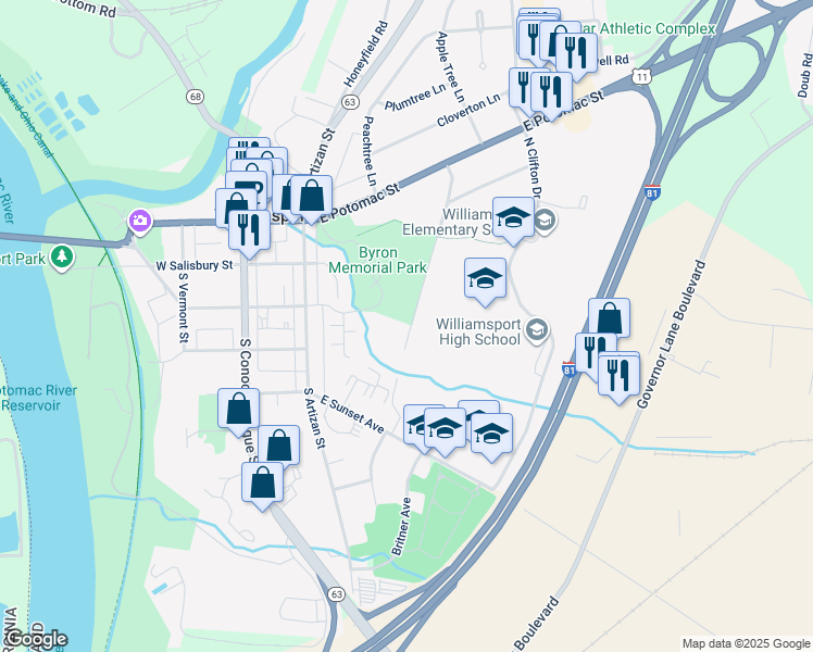 map of restaurants, bars, coffee shops, grocery stores, and more near 10 Springfield Lane in Williamsport