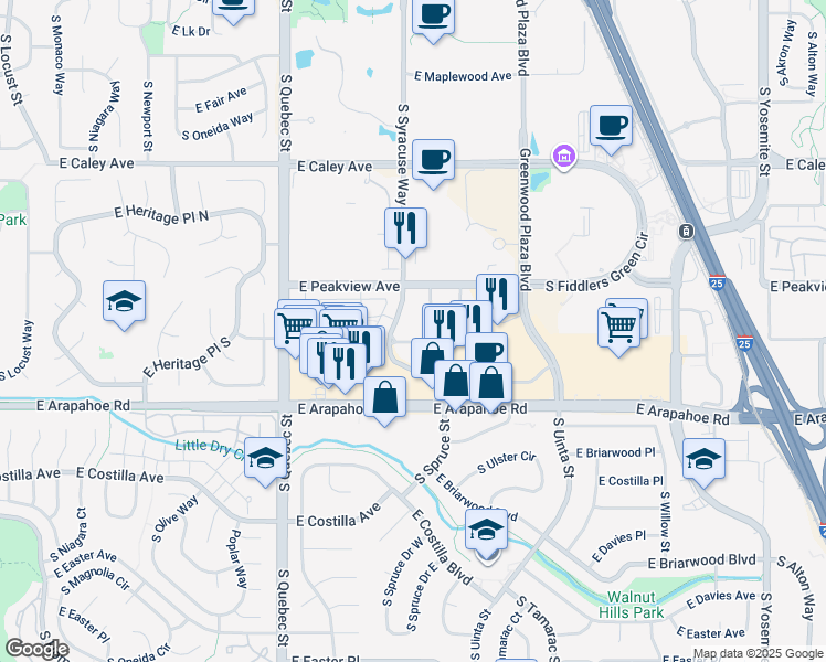 map of restaurants, bars, coffee shops, grocery stores, and more near 7700 East Peakview Avenue in Centennial