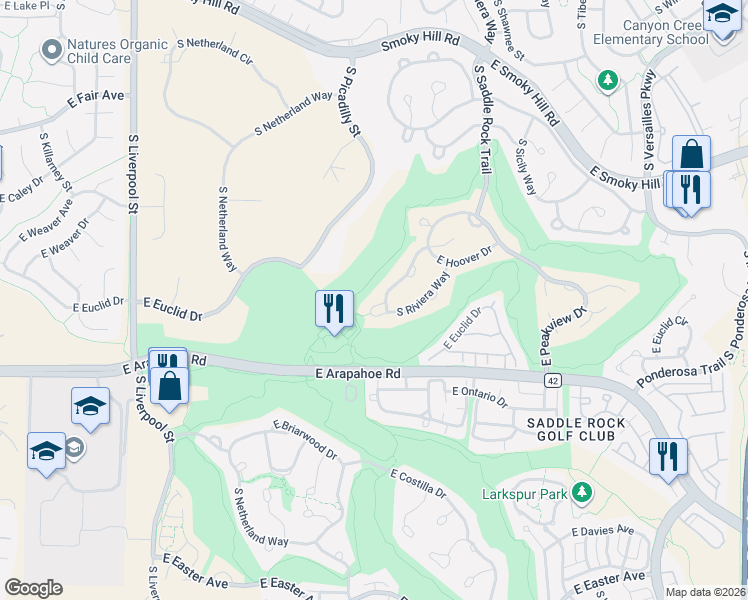 map of restaurants, bars, coffee shops, grocery stores, and more near 6625 South Quemoy Circle in Aurora