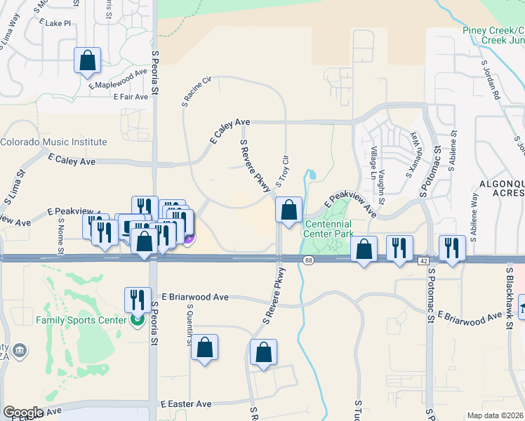 map of restaurants, bars, coffee shops, grocery stores, and more near 6551 South Racine Circle in Centennial