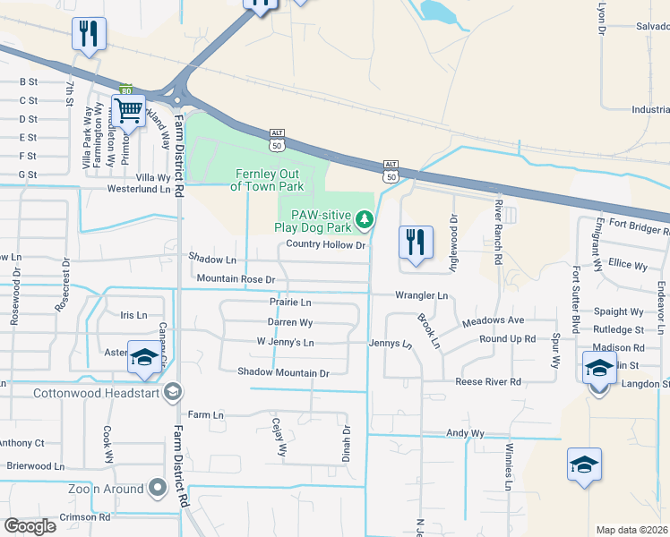 map of restaurants, bars, coffee shops, grocery stores, and more near 1411 Shadow Lane in Fernley