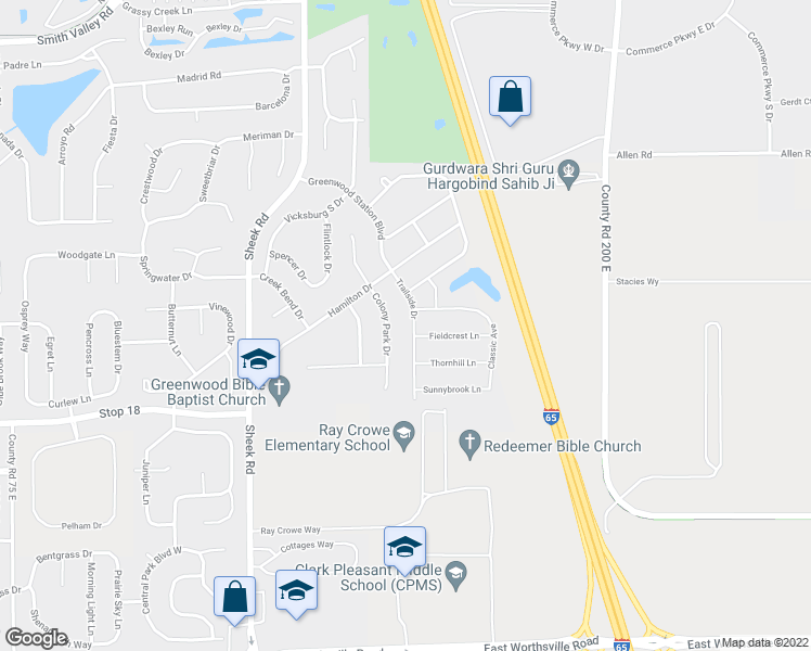 map of restaurants, bars, coffee shops, grocery stores, and more near 1302 Fieldcrest Lane in Greenwood