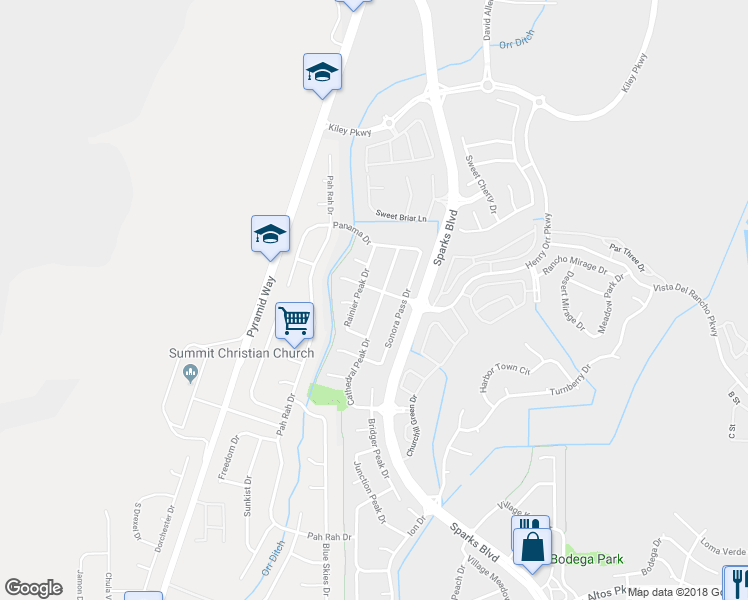 map of restaurants, bars, coffee shops, grocery stores, and more near 5791 Cathedral Peak Drive in Sparks