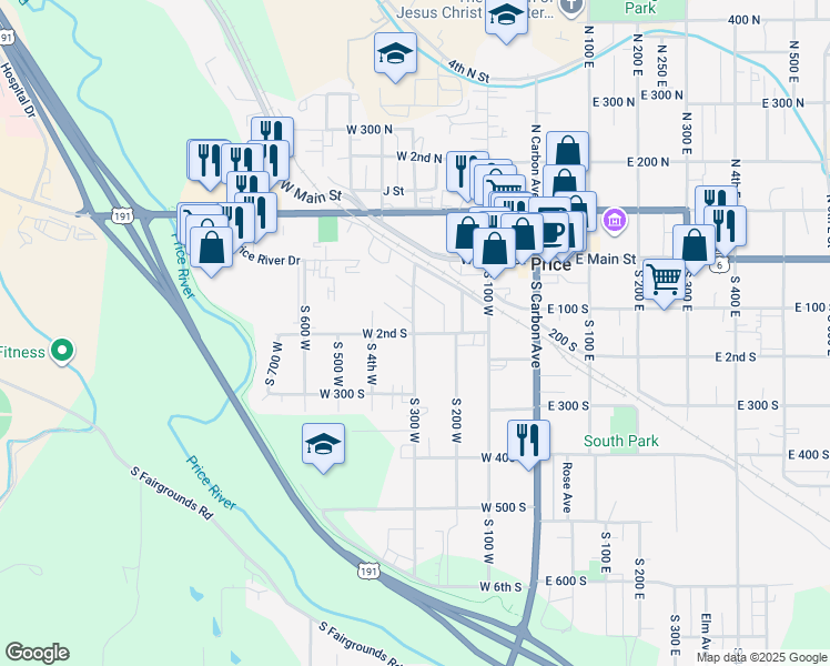 map of restaurants, bars, coffee shops, grocery stores, and more near 298 West 2nd South in Price