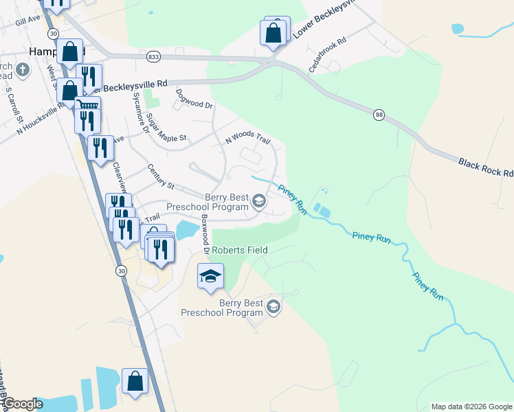 map of restaurants, bars, coffee shops, grocery stores, and more near 4440 North Woods Trail in Hampstead