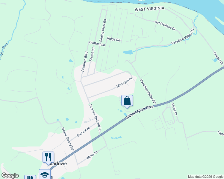 map of restaurants, bars, coffee shops, grocery stores, and more near 612 Michigan Drive in Falling Waters