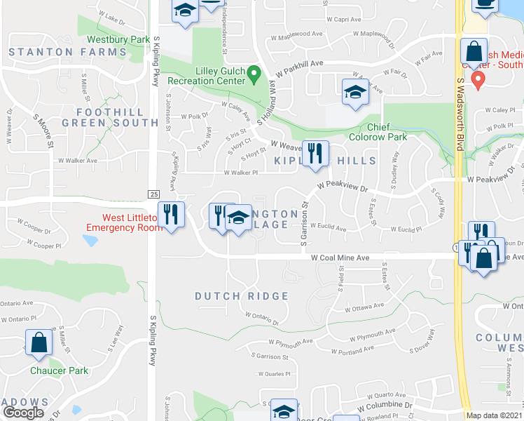map of restaurants, bars, coffee shops, grocery stores, and more near 9517 West Ontario Drive in Littleton