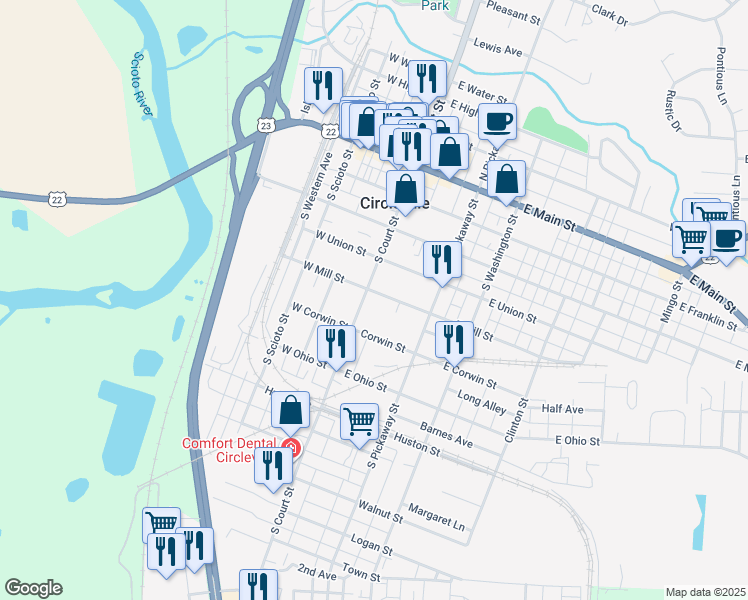 map of restaurants, bars, coffee shops, grocery stores, and more near 115 East Mill Street in Circleville