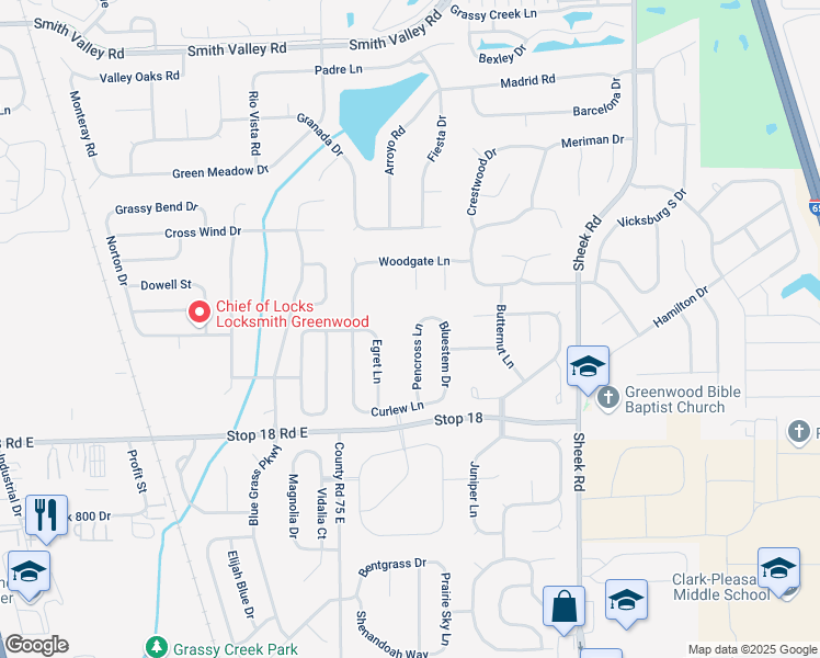 map of restaurants, bars, coffee shops, grocery stores, and more near 1428 Pencross Lane in Greenwood