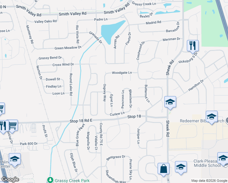 map of restaurants, bars, coffee shops, grocery stores, and more near 1376 Egret Lane in Greenwood