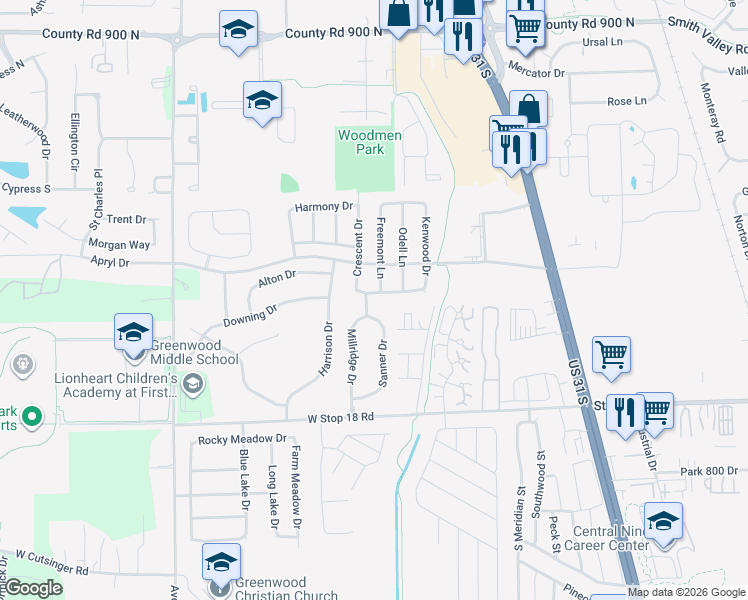 map of restaurants, bars, coffee shops, grocery stores, and more near 1355 Sanner Drive in Greenwood