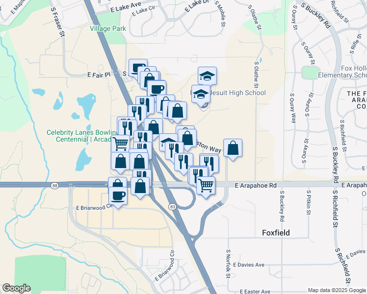 map of restaurants, bars, coffee shops, grocery stores, and more near 6584 South Parker Road in Aurora