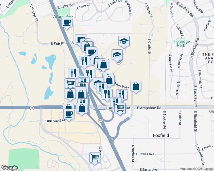 map of restaurants, bars, coffee shops, grocery stores, and more near 6584 South Parker Road in Aurora