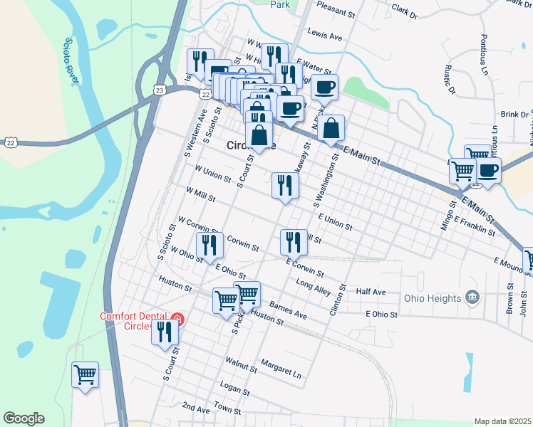 map of restaurants, bars, coffee shops, grocery stores, and more near 151 East Mill Street in Circleville