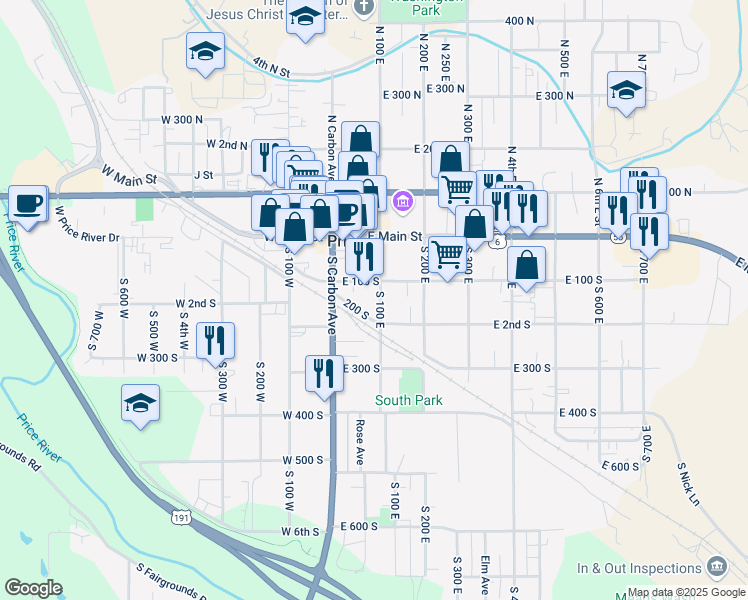 map of restaurants, bars, coffee shops, grocery stores, and more near 136 South 100 East in Price