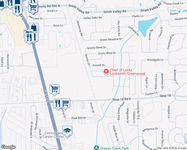 map of restaurants, bars, coffee shops, grocery stores, and more near 616 Loon Lane in Greenwood