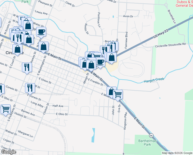 map of restaurants, bars, coffee shops, grocery stores, and more near 552 East Franklin Street in Circleville