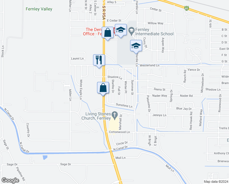 map of restaurants, bars, coffee shops, grocery stores, and more near 755 Starlite Drive in Fernley