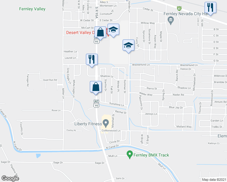 map of restaurants, bars, coffee shops, grocery stores, and more near 714 Fall Street in Fernley