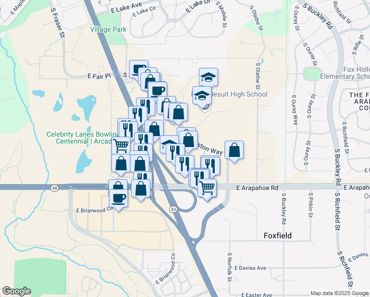 map of restaurants, bars, coffee shops, grocery stores, and more near 6606 South Parker Road in Aurora