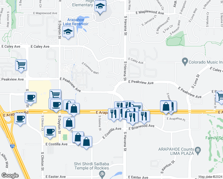 map of restaurants, bars, coffee shops, grocery stores, and more near South Havana Street in Centennial