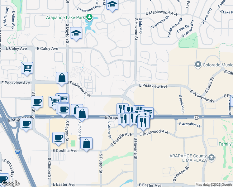 map of restaurants, bars, coffee shops, grocery stores, and more near 10313 East Peakview Avenue in Englewood