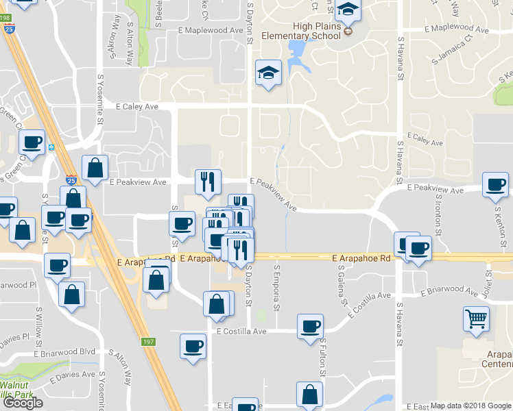 map of restaurants, bars, coffee shops, grocery stores, and more near 6620 South Dayton Street in Englewood