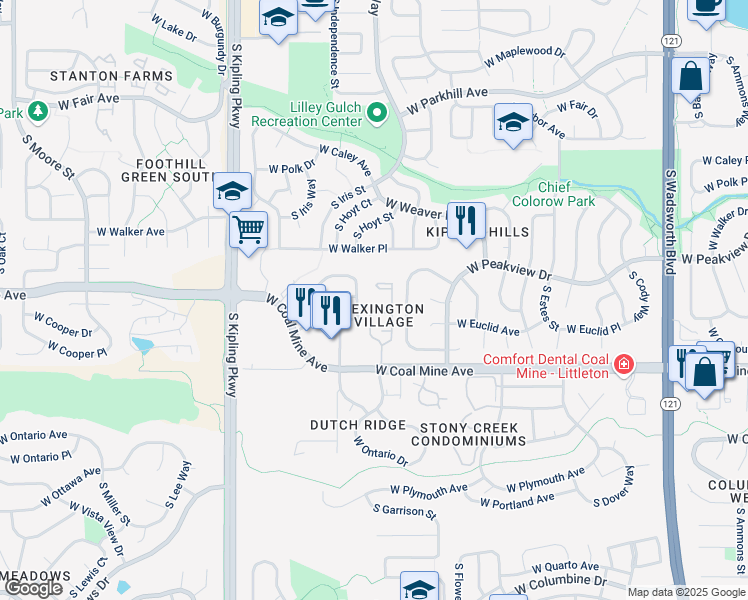map of restaurants, bars, coffee shops, grocery stores, and more near 9517 West Ontario Drive in Littleton