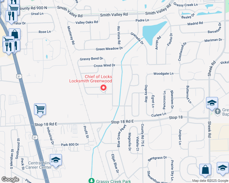 map of restaurants, bars, coffee shops, grocery stores, and more near 1451 Round Lake Road in Greenwood