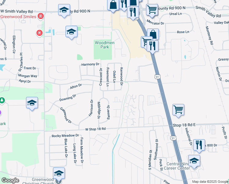 map of restaurants, bars, coffee shops, grocery stores, and more near 313 Kimbrough Drive in Greenwood