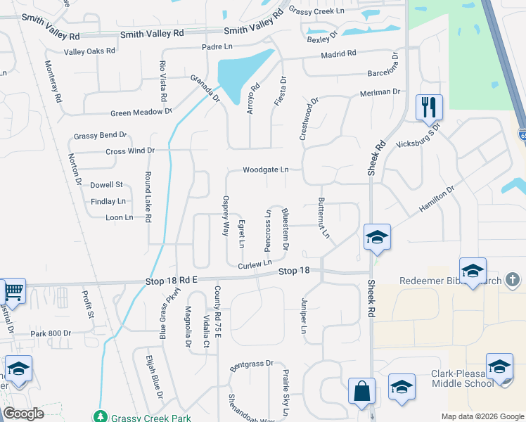map of restaurants, bars, coffee shops, grocery stores, and more near 1428 Pencross Lane in Greenwood