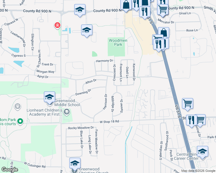 map of restaurants, bars, coffee shops, grocery stores, and more near 1354 Millridge Drive in Greenwood