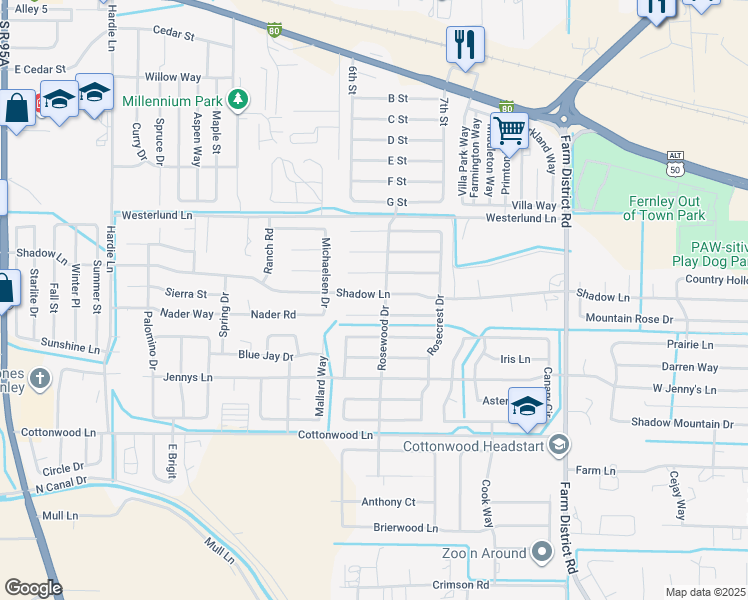 map of restaurants, bars, coffee shops, grocery stores, and more near 715 Shadow Lane in Fernley