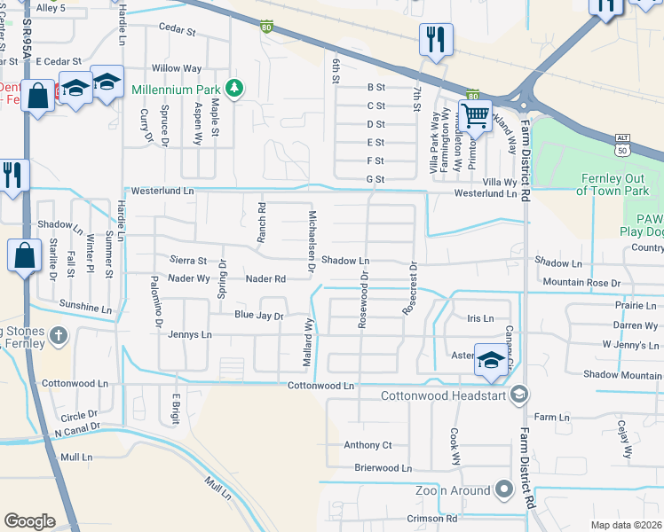map of restaurants, bars, coffee shops, grocery stores, and more near 705 Shadow Lane in Fernley