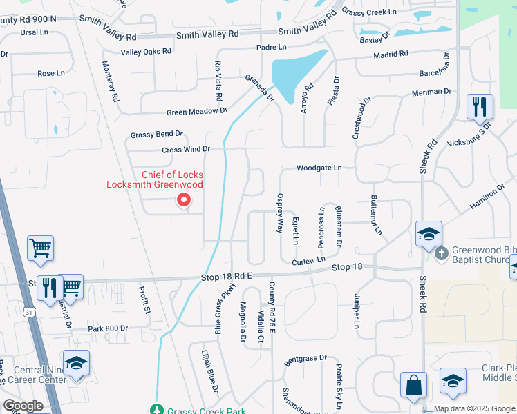 map of restaurants, bars, coffee shops, grocery stores, and more near 834 Sandhill Crane Run in Greenwood