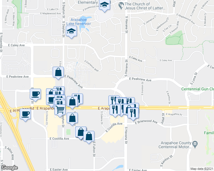 map of restaurants, bars, coffee shops, grocery stores, and more near 10313 East Peakview Avenue in Englewood