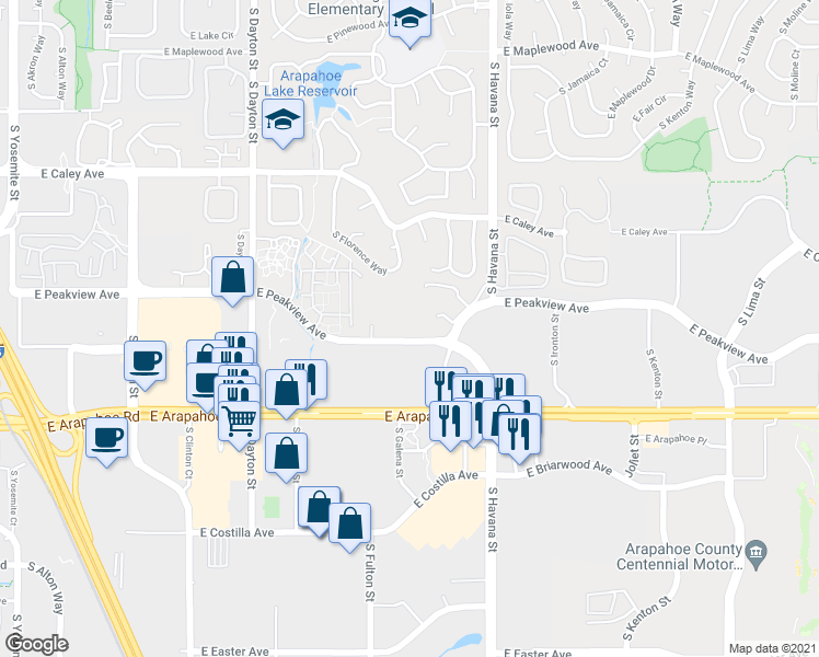map of restaurants, bars, coffee shops, grocery stores, and more near 10313 East Peakview Avenue in Englewood