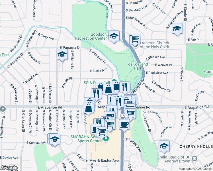 map of restaurants, bars, coffee shops, grocery stores, and more near 6590 South Vine Street in Centennial