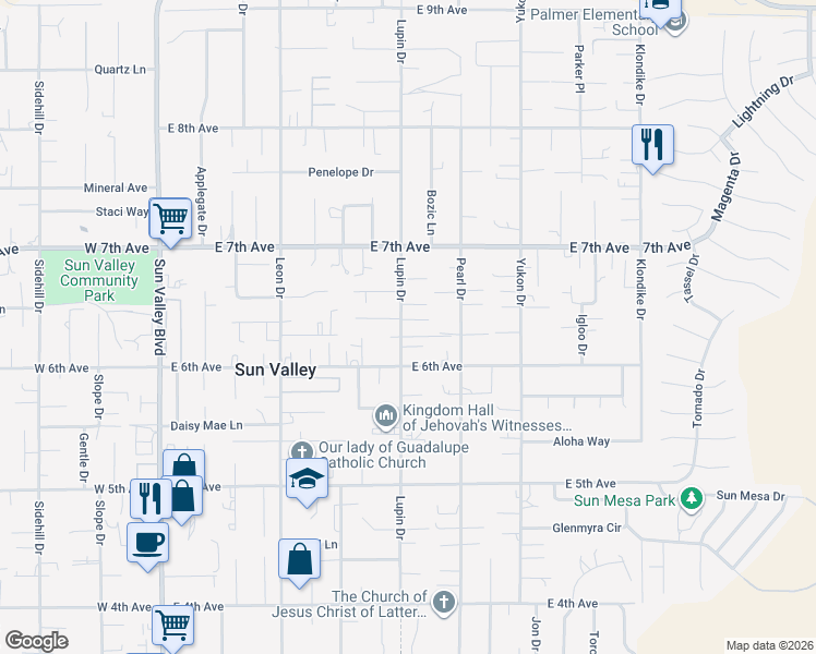 map of restaurants, bars, coffee shops, grocery stores, and more near 5624 Lupin Drive in Sun Valley