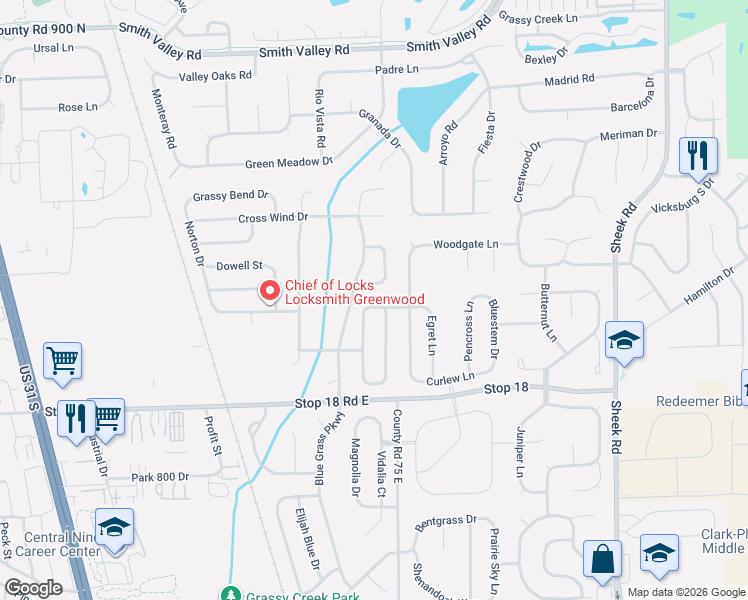 map of restaurants, bars, coffee shops, grocery stores, and more near 1419 Blue Brook Way in Greenwood