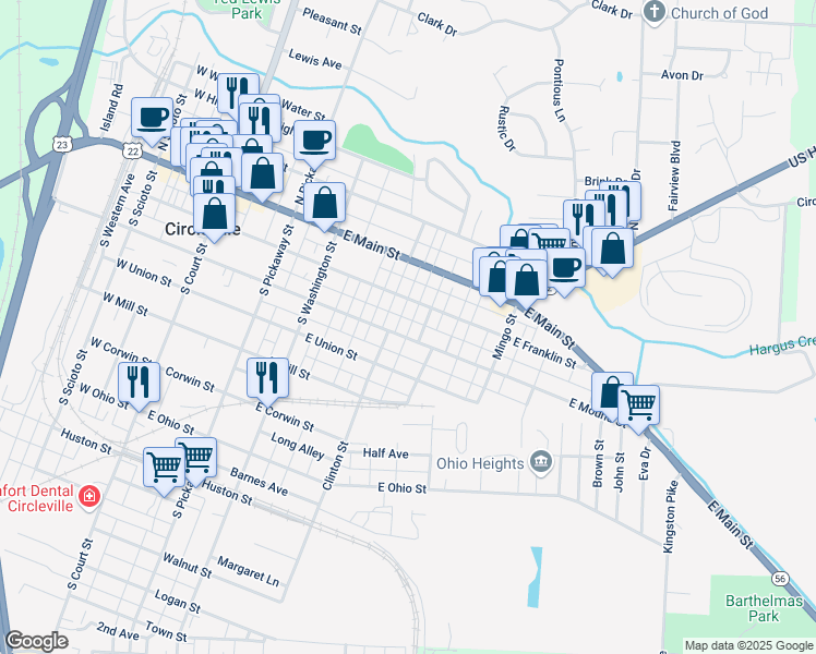 map of restaurants, bars, coffee shops, grocery stores, and more near 421 East Mound Street in Circleville