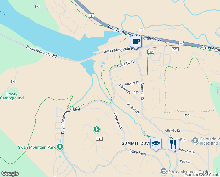 map of restaurants, bars, coffee shops, grocery stores, and more near 497 Cove Boulevard in Dillon