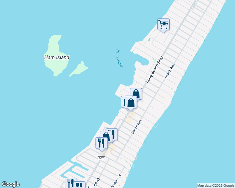 map of restaurants, bars, coffee shops, grocery stores, and more near 32 Hideaway Drive in Long Beach Township