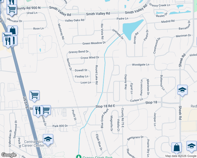 map of restaurants, bars, coffee shops, grocery stores, and more near 1467 Round Lake Road in Greenwood