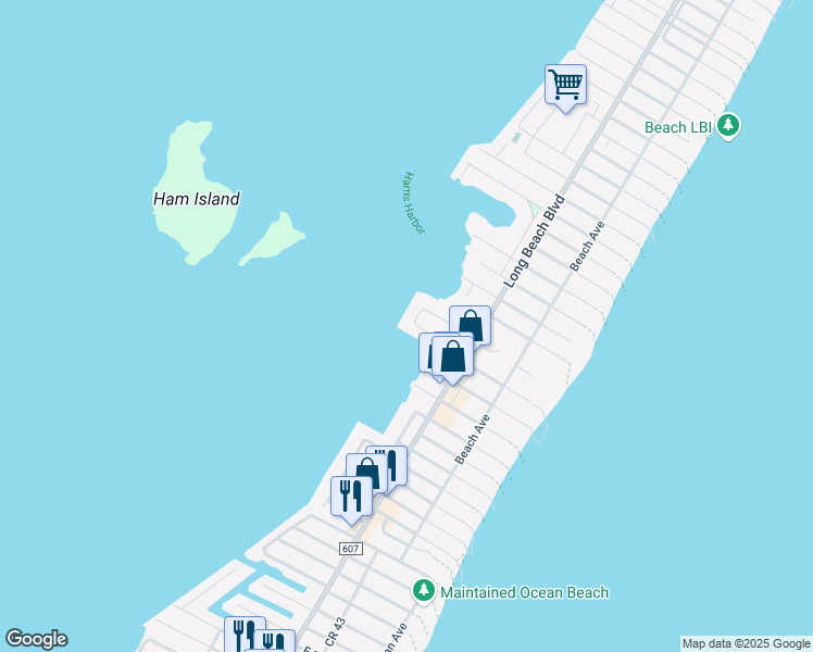 map of restaurants, bars, coffee shops, grocery stores, and more near 32 Hideaway Drive in Long Beach Township