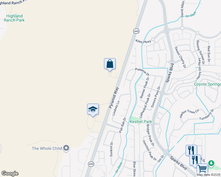 map of restaurants, bars, coffee shops, grocery stores, and more near 5625 Pyramid Way in Sparks
